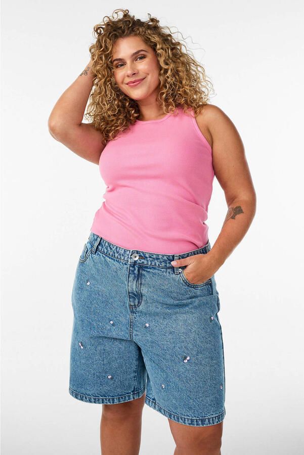 Zizzi straight regular waist denim short met hartjes medium blue denim