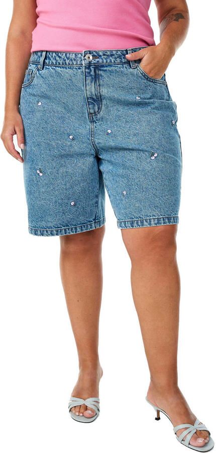Zizzi straight regular waist denim short met hartjes medium blue denim - Foto 3