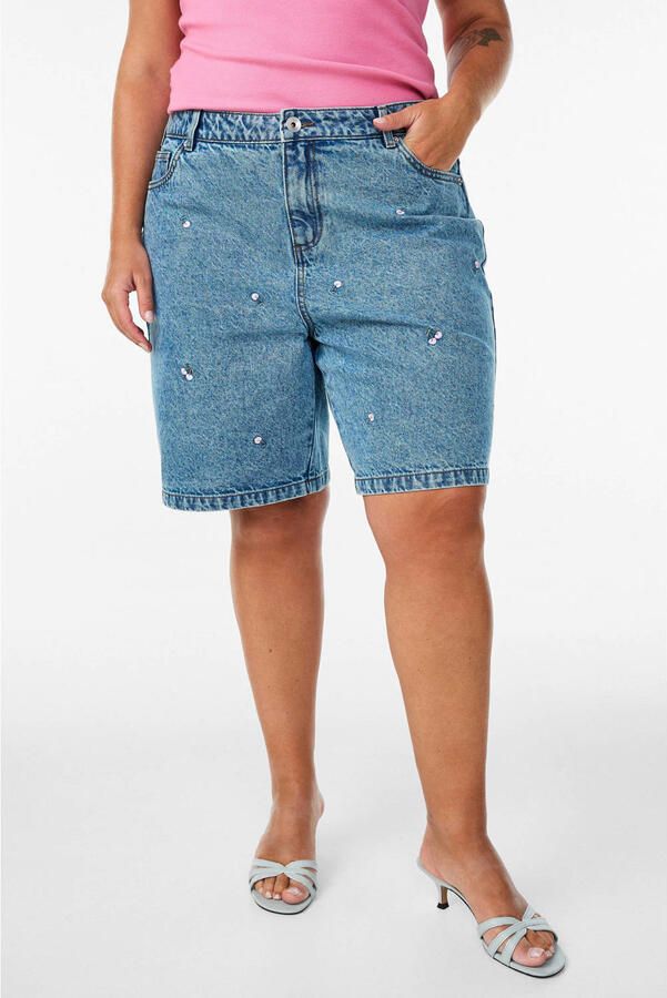 Zizzi straight regular waist denim short met hartjes medium blue denim - Foto 2