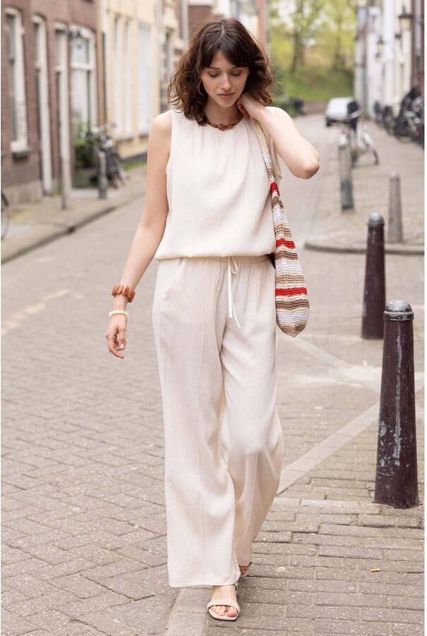 Zusss wide leg regular waist broek met textuur beige - Foto 2
